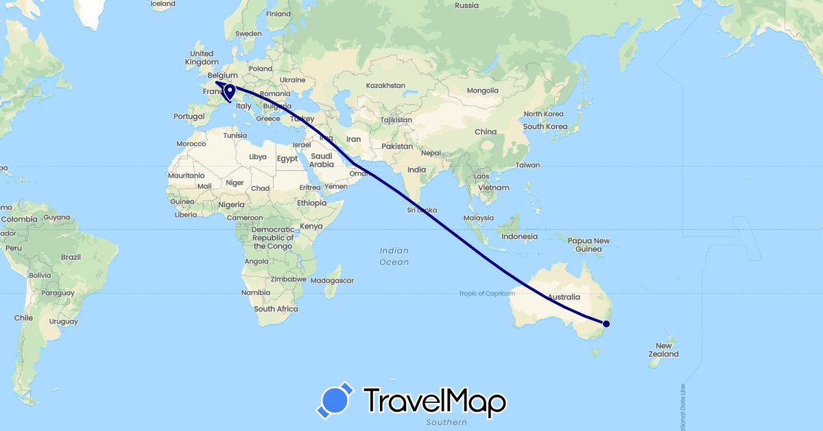 TravelMap itinerary: driving in United Arab Emirates, Australia, France, Monaco (Asia, Europe, Oceania)